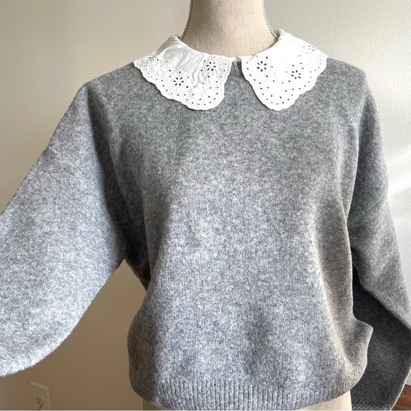 Oysho Grey Knit Sweater with Peter Pan Collar, Size Small - Picture 3 of 5